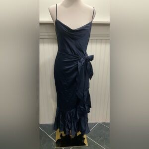 Cinq à Sept Navy Blue 100% Silk Wrap Midi Dress Size 6